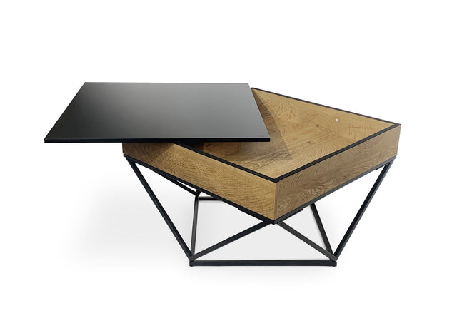 ZELIE Table basse en bois avec plateau pivotant en verre trempé noir et pieds métal ZELIE