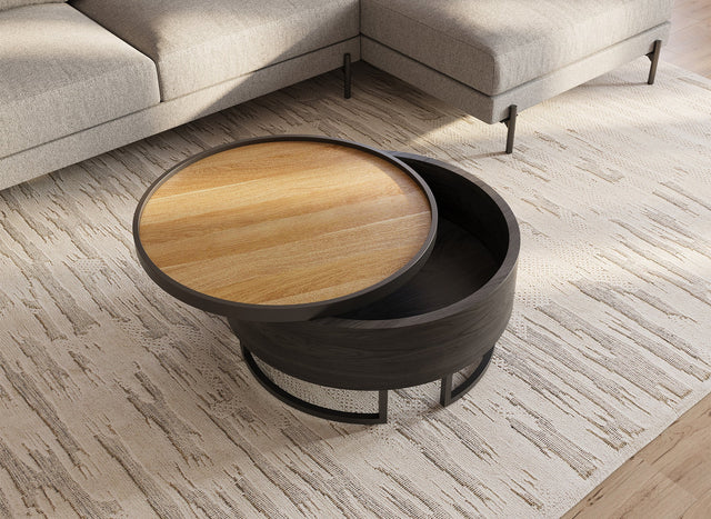 THELIO Table basse ronde avec plateau pivotant et rangement en bois et métal noir THELIO
