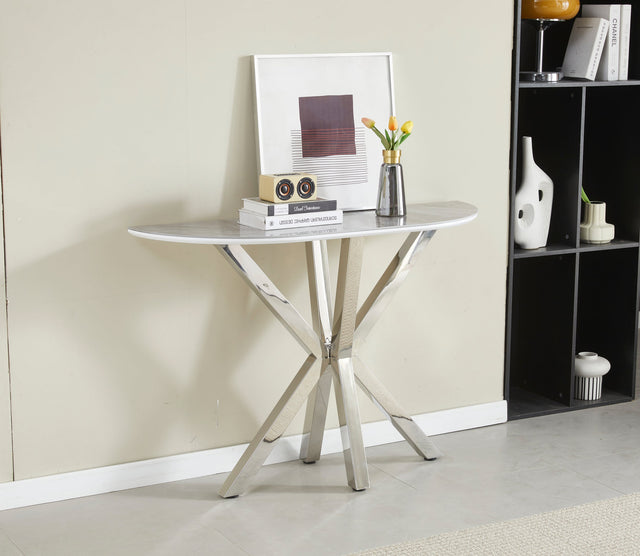 Console Ophelia plateau céramique marbre gris et pieds en acier inoxydable argenté 1m20