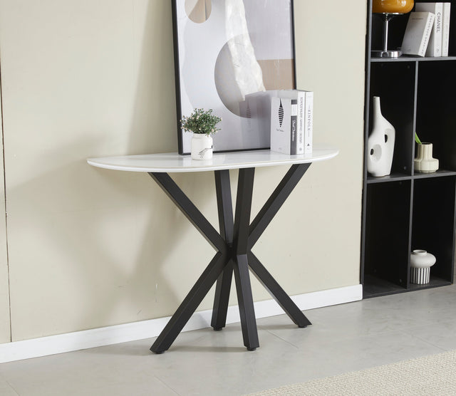 Console Ophelia plateau céramique marbre blanc et pieds en acier inoxydable noir 1m20