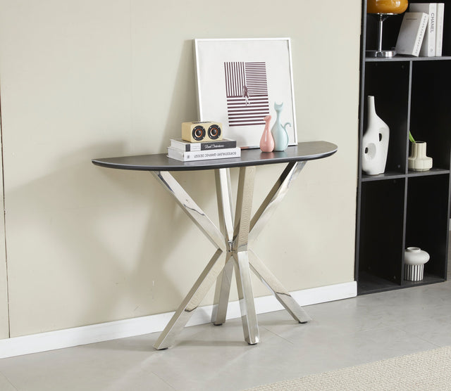 Console Ophelia plateau céramique marbre noir et pieds en acier inoxydable argenté 1m20