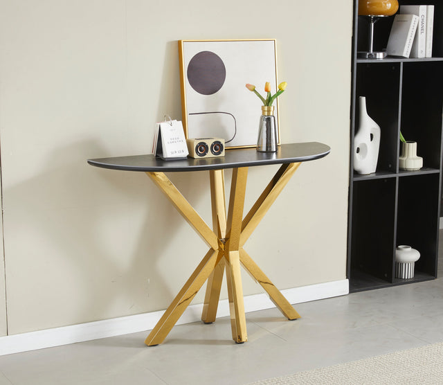 Console Ophelia plateau céramique marbre noir et pieds en acier inoxydable doré 1m20