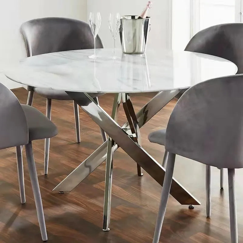 Table à manger Olivia ronde transparent pied chrome – Marbre blanc - Argenté – vue 12