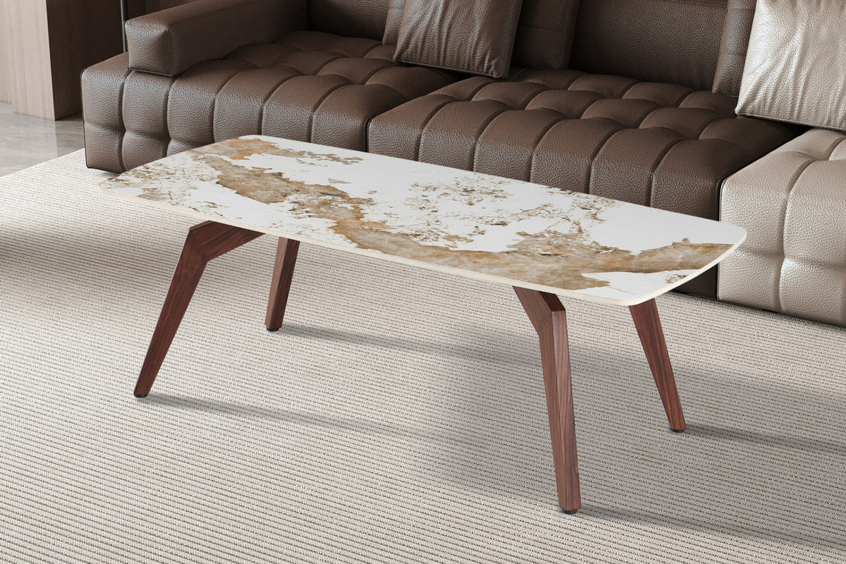 Table basse Alma – brillante pandora, pied noyer – 120x60 cm
