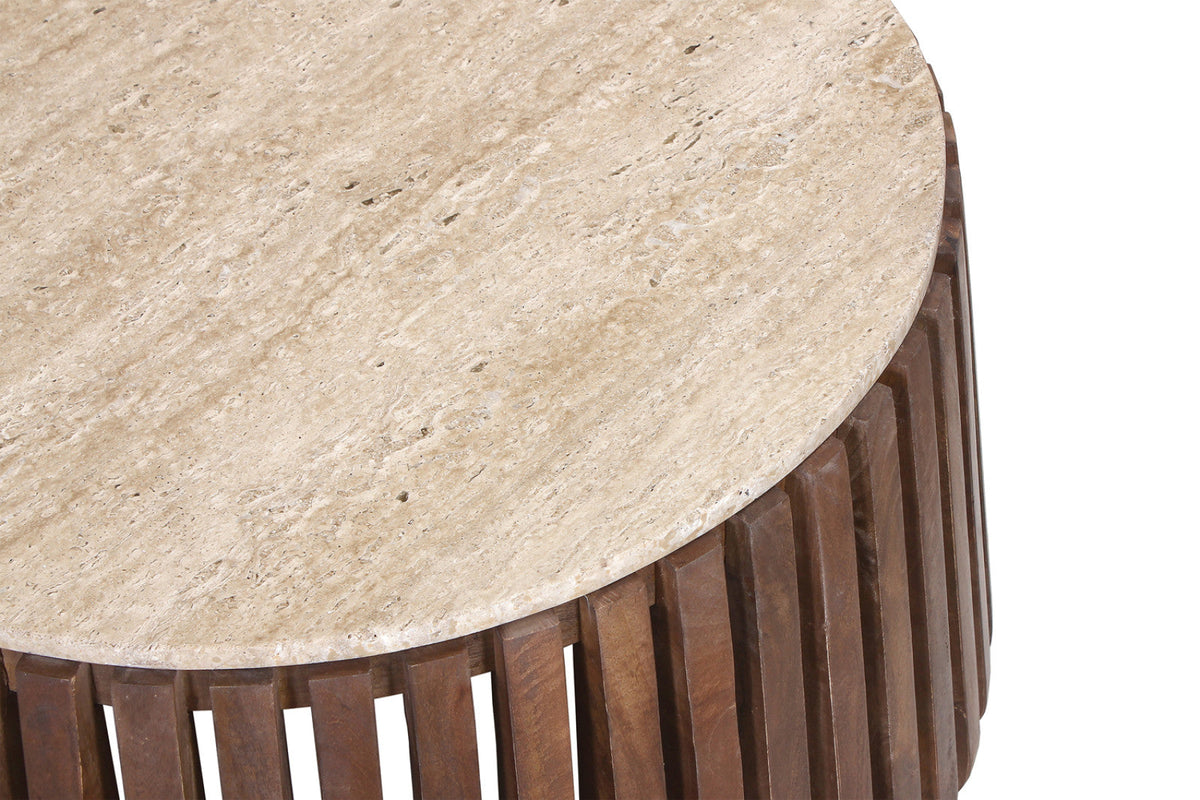 Table basse Luuk – bois de manguier avec travertin rond beige – 70 cm