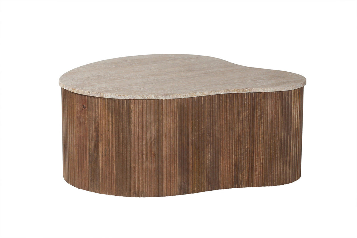 Table basse Paul – bois de manguier avec travertin beige – 83 cm