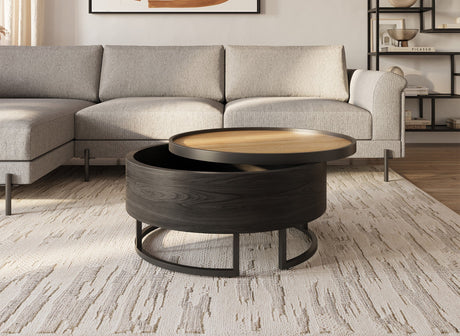 THELIO Table basse ronde avec plateau pivotant et rangement en bois et métal noir THELIO
