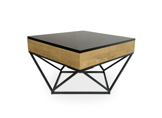 ZELIE Table basse en bois avec plateau pivotant en verre trempé noir et pieds métal ZELIE