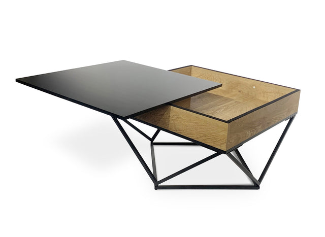 ZELIE Table basse en bois avec plateau pivotant en verre trempé noir et pieds métal ZELIE