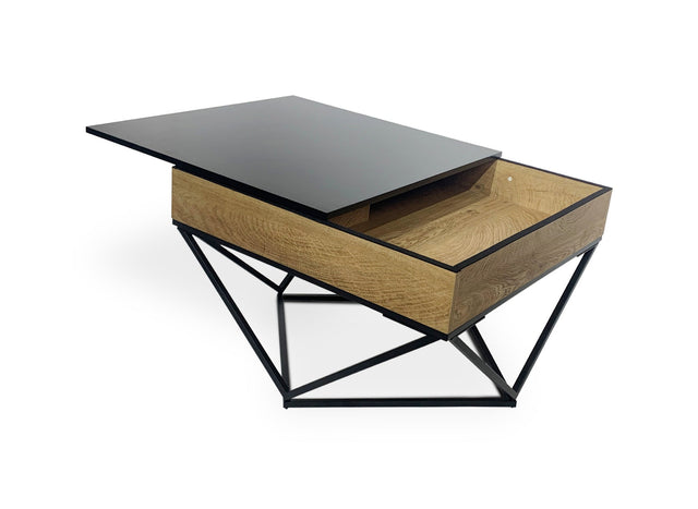 ZELIE Table basse en bois avec plateau pivotant en verre trempé noir et pieds métal ZELIE