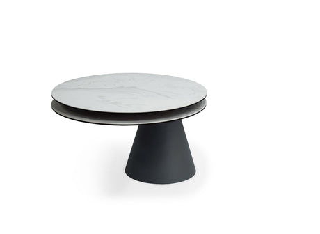 SELENIA Table basse ronde à plateau pivotant en verre trempé et céramique effet marbre blanc SELENIA