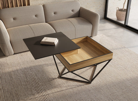 ZELIE Table basse en bois avec plateau pivotant en verre trempé noir et pieds métal ZELIE