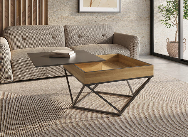 ZELIE Table basse en bois avec plateau pivotant en verre trempé noir et pieds métal ZELIE
