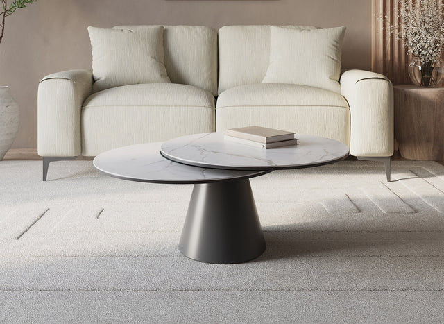 SELENIA Table basse ronde à plateau pivotant en verre trempé et céramique effet marbre blanc SELENIA