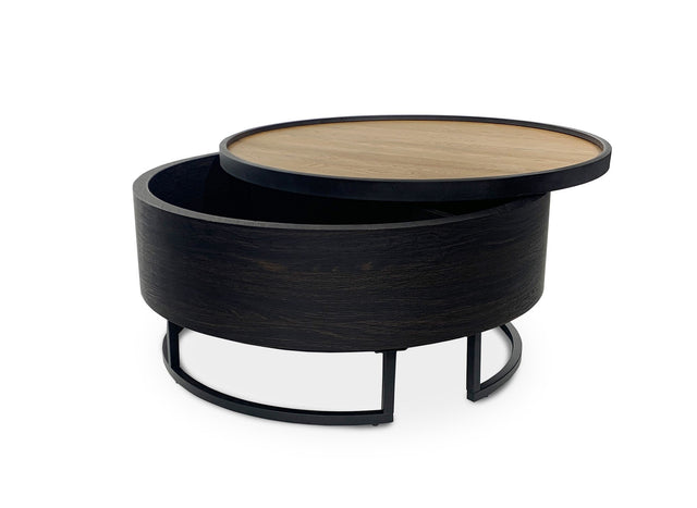 THELIO Table basse ronde avec plateau pivotant et rangement en bois et métal noir THELIO