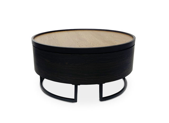 THELIO Table basse ronde avec plateau pivotant et rangement en bois et métal noir THELIO