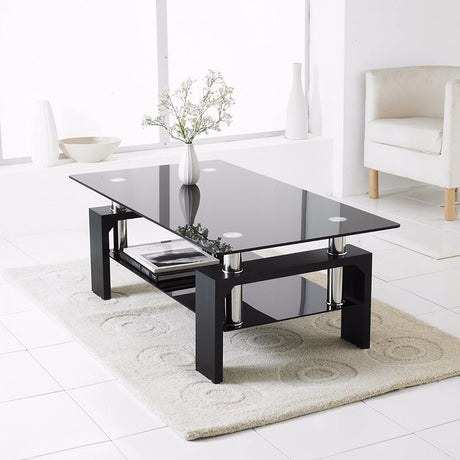 Table basse Gloria verre transparent, pieds noirs, 110 cm
