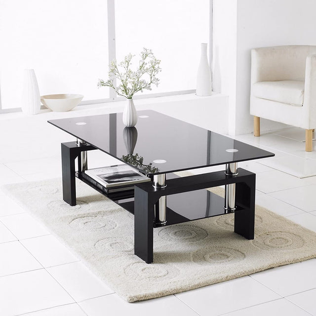 Table Basse Gloria rectangulaire verre trempé transparent et pieds noir 110cm