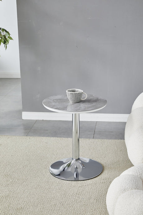 Guéridon Goya rond plateau céramique 45cm marbre gris et pieds en acier inoxydable argenté