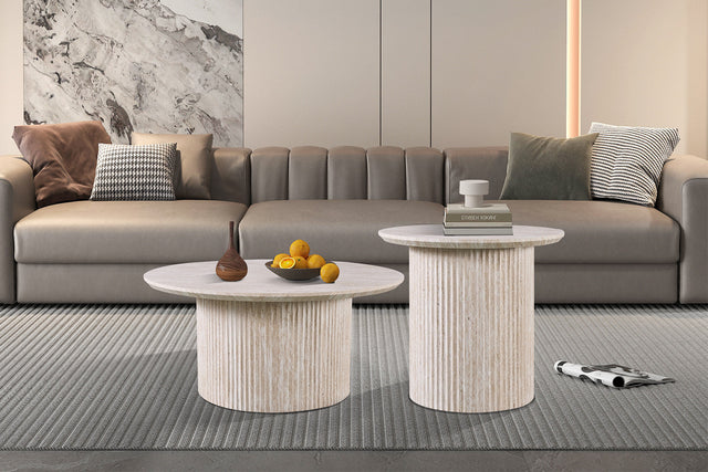 Table basse Lagos 80 cm Ronde Décor Travertin Beige - vue 2