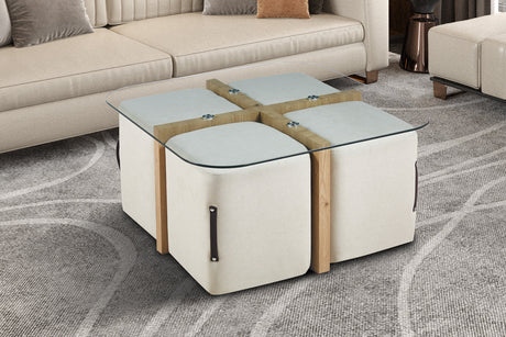 Table basse Shana avec 4 poufs Décor Chêne vieilli