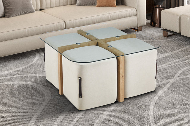 Table basse Shana avec 4 poufs Décor Chêne vieilli
