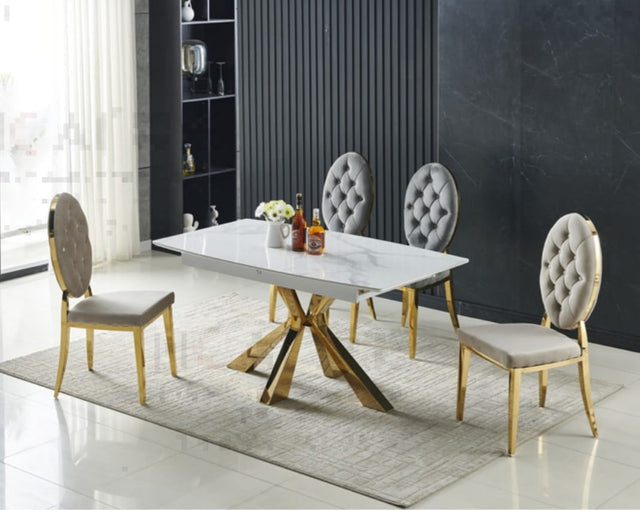 Table à manger à rallonge Spike pied doré marbre blanc 160-200cm - TB878