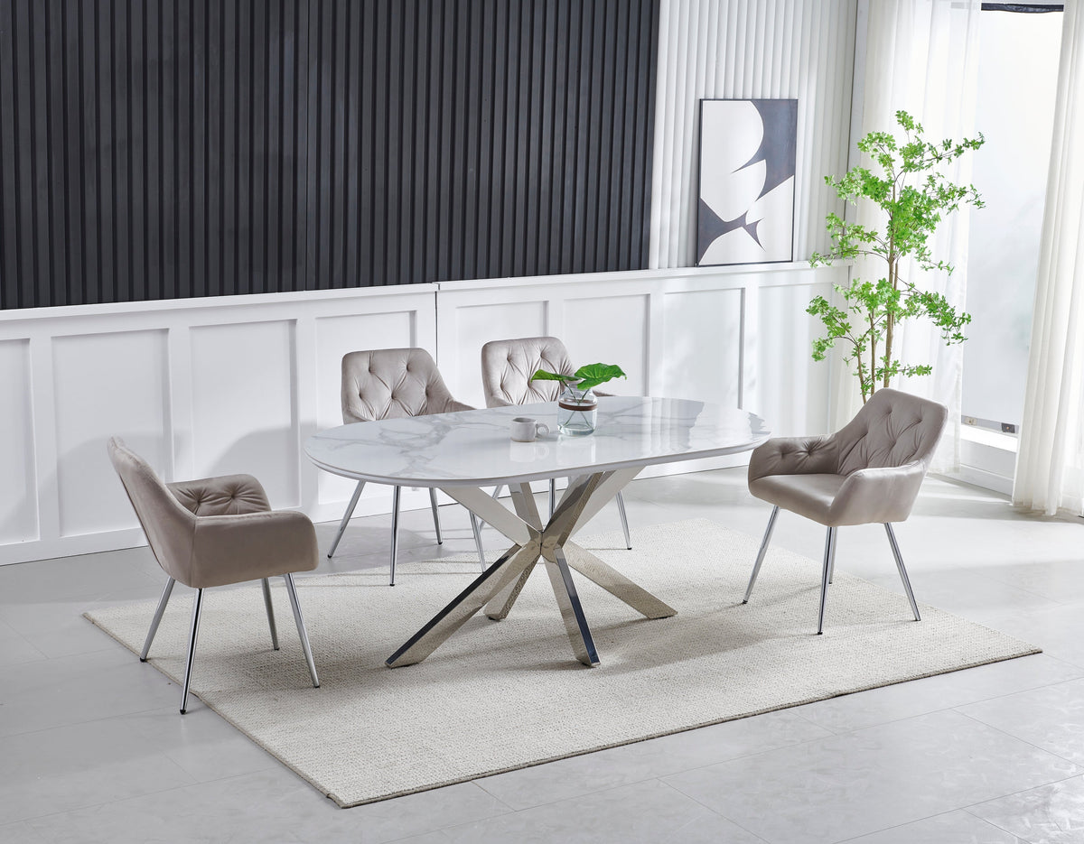 Table à manger Ophélia marbre blanc, pied doré, 150 cm – Marbre blanc - Argenté – vue 2