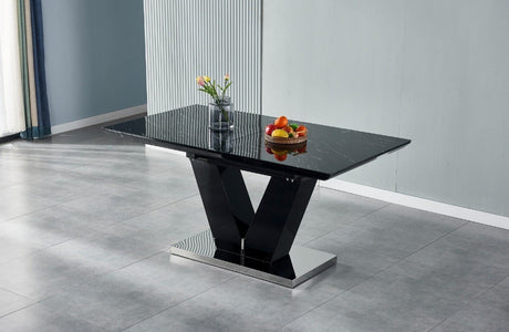 Table à manger V à rallonge marbre beige pied chrome 160-200cm - TB331