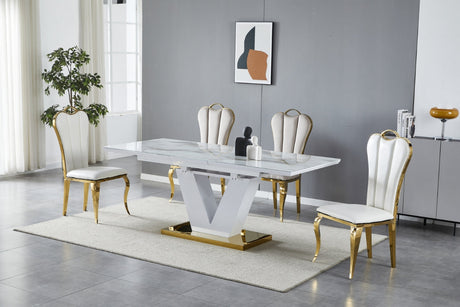 Table à manger V à rallonge marbre beige pied chrome 160-200cm - TB331