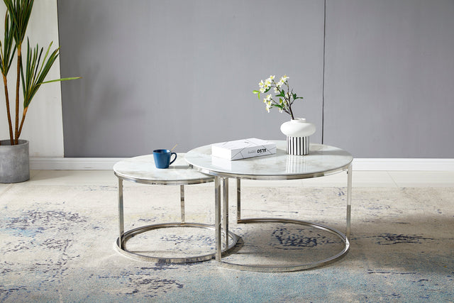 Table Basse Gigogne ronde verre trempé marbre beige et pieds en acier inoxydable argenté 60-80cm