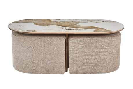 Table basse Evora – avec 2 poufs tissu pierre brillante pandora