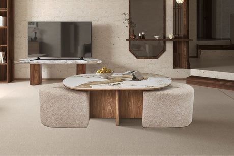 Table basse Evora – avec 2 poufs tissu pierre brillante pandora
