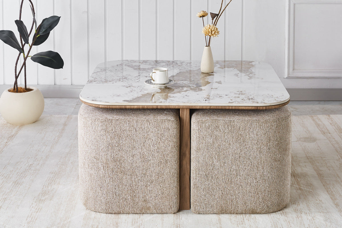 Table basse Evora – avec 4 poufs tissu pierre brillante pandora