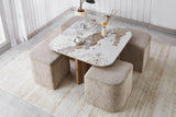 Table basse Evora – avec 4 poufs tissu pierre brillante pandora