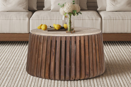Table basse Luuk – bois de manguier avec travertin rond beige – 70 cm