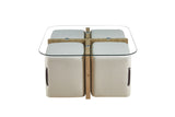 Table basse Shana – avec 4 poufs tissu décor chêne vieilli