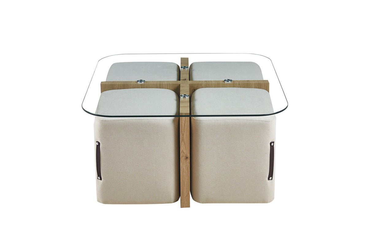 Table basse Shana – avec 4 poufs tissu décor chêne vieilli