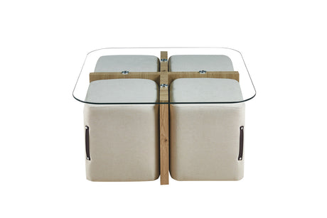 Table basse Shana – avec 4 poufs tissu décor chêne vieilli