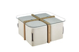 Table basse Shana – avec 4 poufs tissu décor chêne vieilli
