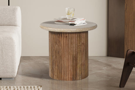 Table d Appoint  – louis' bois de manguier avec travertin beige – 50 cm